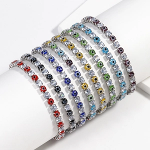 Colorful evil eye tennis bracelets with 4mm cubic zirconia in various vibrant styles
