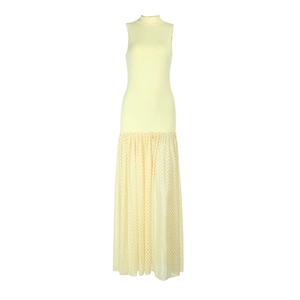 Abito lungo giallo senza maniche stile francese con corpetto in maglia e gonna a pois