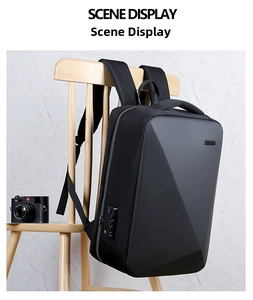Detail view of the secure anti-theft combination lock on this geometric hardshell backpack