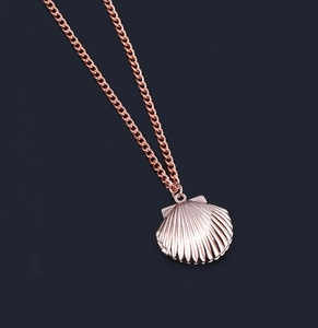 Rose gold stainless steel shell locket necklace on black background diagonal view