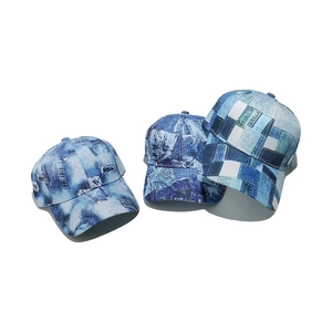 Three-piece denim baseball caps set featuring patchwork, vintage holes, and geometric prints