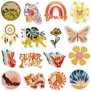 Retro Groovy Embroidered Patches Iron On Cloth Stickers Bohemian Flower Butterfly For DIY Clothing Backpack Decoration