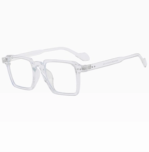 Detail view of transparent square frames showing high-quality metal hinge and inner arm markings