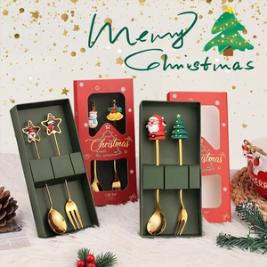 Christmas stainless steel spoon and fork gift set with festive cartoon resin handles