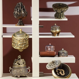 Mini Incense Burner Antique Alloy Metal Vintage Carved Home Zen Tea Room Classic Oriental Style Art Craft Ornament