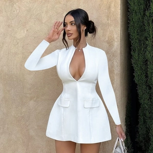 Elegant white long sleeve V-neck bodycon mini dress with slim fit textured fabric