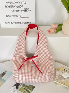 Fashionable red and white checkered tote bag with decorative red bow and large capacity