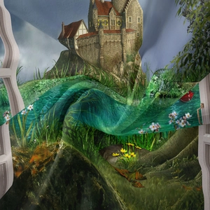 Detail showing the sheer fabric texture and pastoral castle landscape print on the tapestry