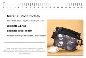 Nylon crossbody bag dimensions 24x21x12cm with skull print and 150cm strap