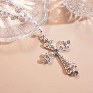 Vintage two-piece pearl cross necklace set with sparkling rhinestones for women