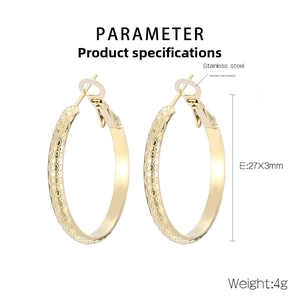 Detail view of 27x3mm gold plated stainless steel hoop earrings with mesh texture