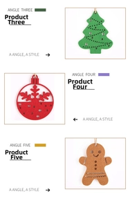 Three-piece Christmas felt ornament set featuring green tree, red snowflake, and gingerbread man