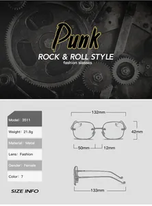 Size chart for women's rimless square sunglasses with dimensions and frame weight details