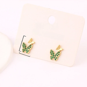 Golden butterfly earrings with emerald green zircon stones and 13.5mm height dimension