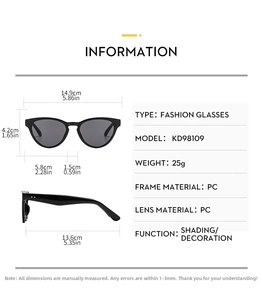 Detailed technical diagram of cat-eye sunglasses with dimensions and PC frame specifications