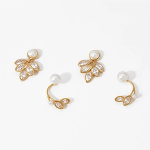 Golden leaf stud earrings with marquise zirconia and pearls in a natural plant design