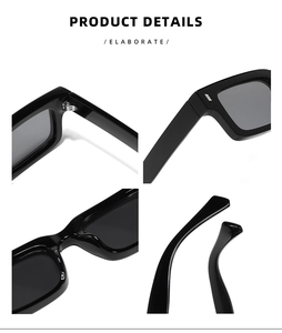 Detailansicht der schwarzen rechteckigen Sonnenbrille mit Scharnieren und Nasenpads