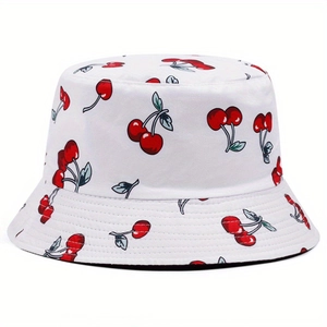 Summer sun hat with white fabric and cherry print design for UV protection
