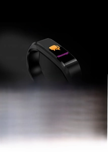 Detail view of 115plus smart bracelet showing heart rate monitoring and waterproof features