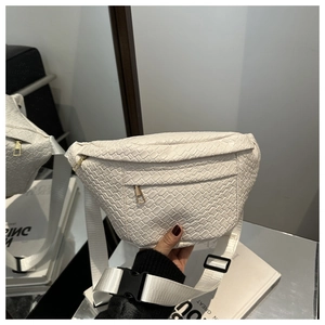 Detailed close-up of white woven texture PU leather waist bag with golden metal zippers