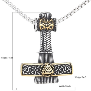 Viking Thor Hammer Mjolnir necklace pendant in silver and gold tone with size specs