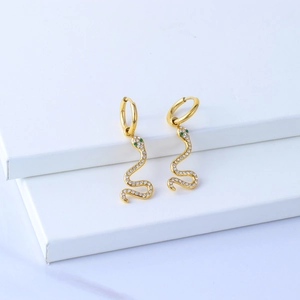 Elegant 18K gold-plated snake earrings with sparkling cubic zirconia and green gem eyes