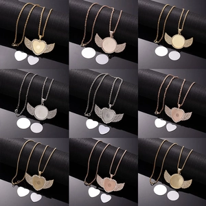 Sublimation angel wing necklaces in gold, silver, and rose gold with rhinestone accents