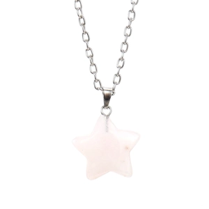 Close-up of pink star quartz pendant with polished silver chain on white background
