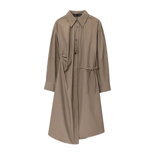 Women's brown asymmetric cotton shirt dress with long sleeves and drawstring waist