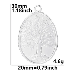 Macro view of stainless steel tree of life oval pendant with dimensions 30mm x 20mm
