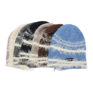 Striped fuzzy knit beanies for women in multiple colors with plush mohair texture finish