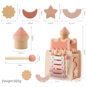Detailed dimensions of wooden castle stacking blocks toy set with 593g weight info