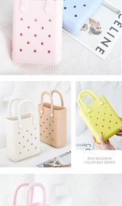 Detailed collage of mini EVA perforated beach bags in pastel macaron colors with handle
