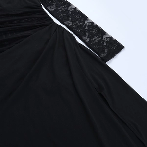 Detail of black lace long sleeves and ruching texture on a mesh bodycon dress