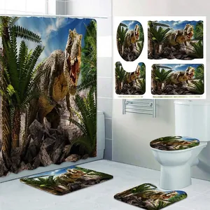 Dinosaur Shower Curtain And Waterproof Bathroom Rugs With Toilet Lid Cover Non-Slip Mat Jurassic Jungle Print
