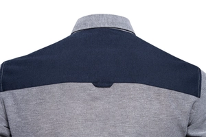 Detailed back yoke stitching of grey and navy oxford cotton shirt for men