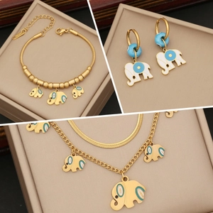 Elephant Evil Eye Jewelry Stainless Steel Double Layer Enamel Necklace Bracelet Earrings For Women Fashion Accessory