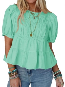 Mint green puff sleeve tiered doll top with pleated waist and summer casual design