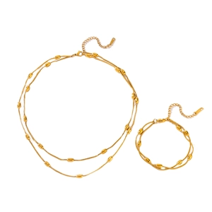Ensemble collier et bracelet double couche en acier inoxydable avec perles dorées