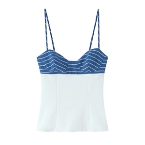 Women's camisole top featuring blue stripes and a white hem on a clean white background