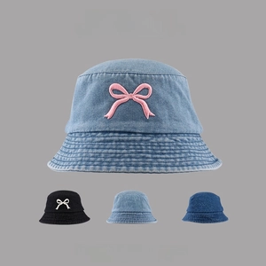 Women's UV protection denim bucket hat with bow embroidery in four assorted colors