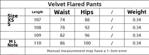 Detailed size chart for women velvet flare pants showing waist and hip measurements