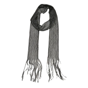 Black mesh knit scarf for women featuring elegant long fringe on a white background