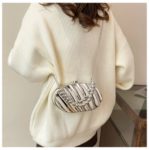 Silver leaf shell shaped acrylic evening bag with metallic chain and beaded handle