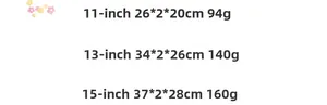 Detailed size chart for 11, 13, and 15 inch laptop sleeves with dimensions and weight