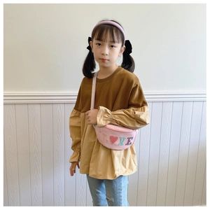 Pink kids fanny pack with sparkling LOVE letters and colorful striped adjustable strap