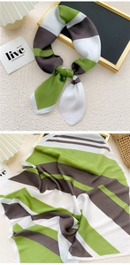 Detailed view of a green and brown striped silk scarf with a glossy smooth texture