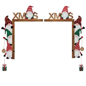 Christmas wooden gnome door frame decor with XMAS text and Holy Jolly hanging sign