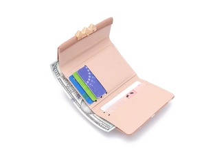 Internal view of pink floral tri-fold wallet with card slots and bill compartment