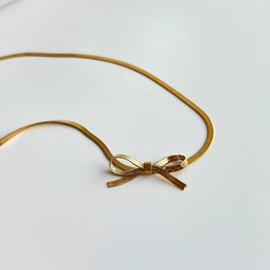 Bowknot Pendant Necklace Stainless Steel Gold Plated Herringbone Snake Chain Elegant Minimalist Choker Jewelry For Women